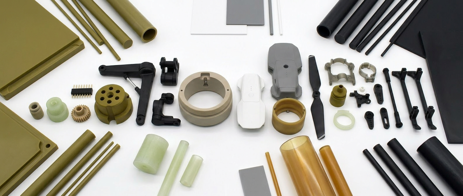Engineering plastic and composite drone parts displayed with plastic sheet, rod, and tube materials for CNC machined, molded, and manufactured UAV and drone components.