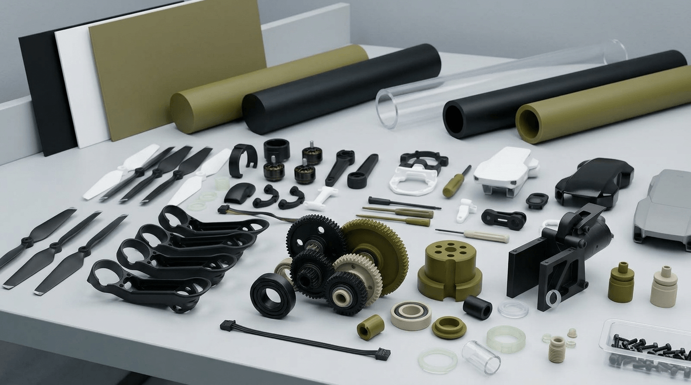 Engineering plastic and composite sheet, rod, and tube displayed with drone parts including propellers, frame components, gears, bearings, bushings, brackets, housings, insulators, and CNC machined and molded UAV components.