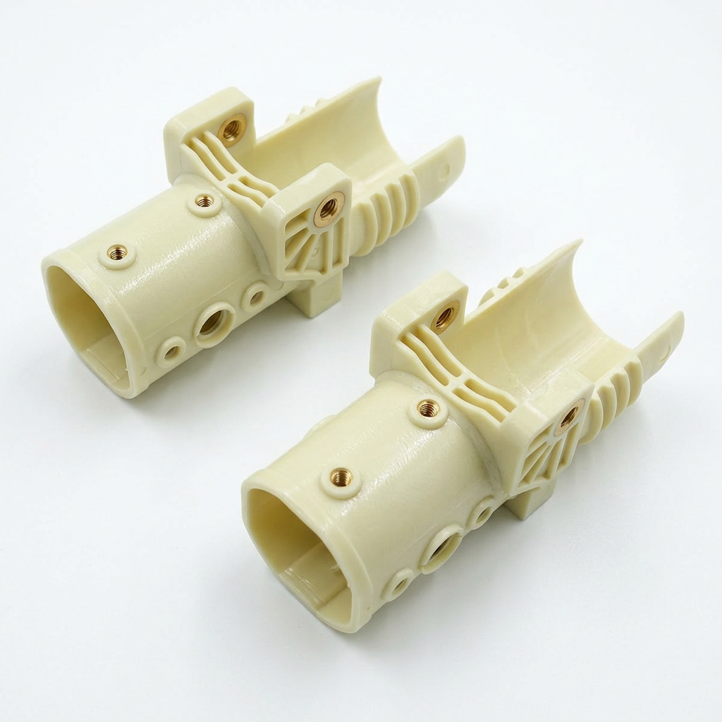 Glass-filled nylon injection molded drone frame parts with threaded metal inserts, illustrating lightweight, high-strength engineering plastic components for drones and UAVs.